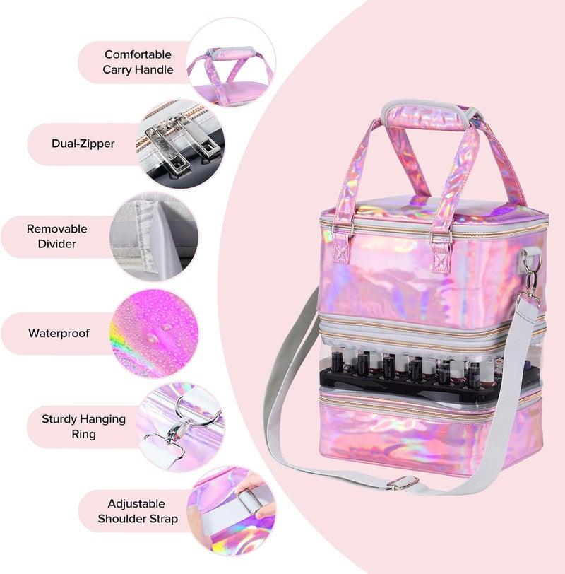 BELOVING Nail Polish Organizer Case, 3 Layers Removable Nail Polish Storage Bag Holds 60 Bottles and Nail Lamp with Shoulder Strap Portable Holographic PU Leather Nail Kit Storage for Manicure Tools (Pink) - Image 3
